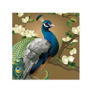 Peacock on a branch with white flowers and green leaves on a brown background