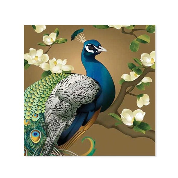 Peacock on a branch with white flowers and green leaves on a brown background