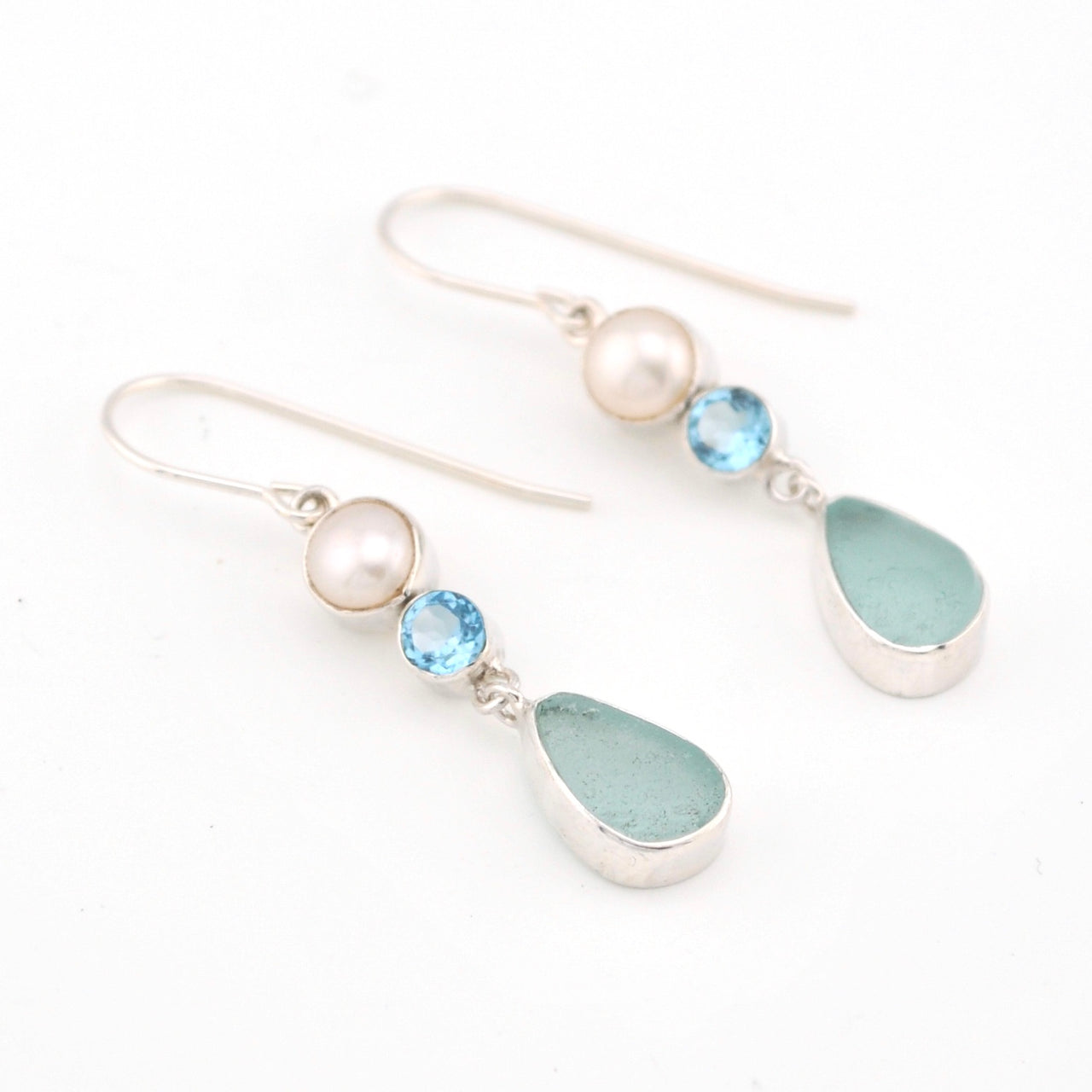 Pearl Blue Topaz Aqua Sea Glass Earrings