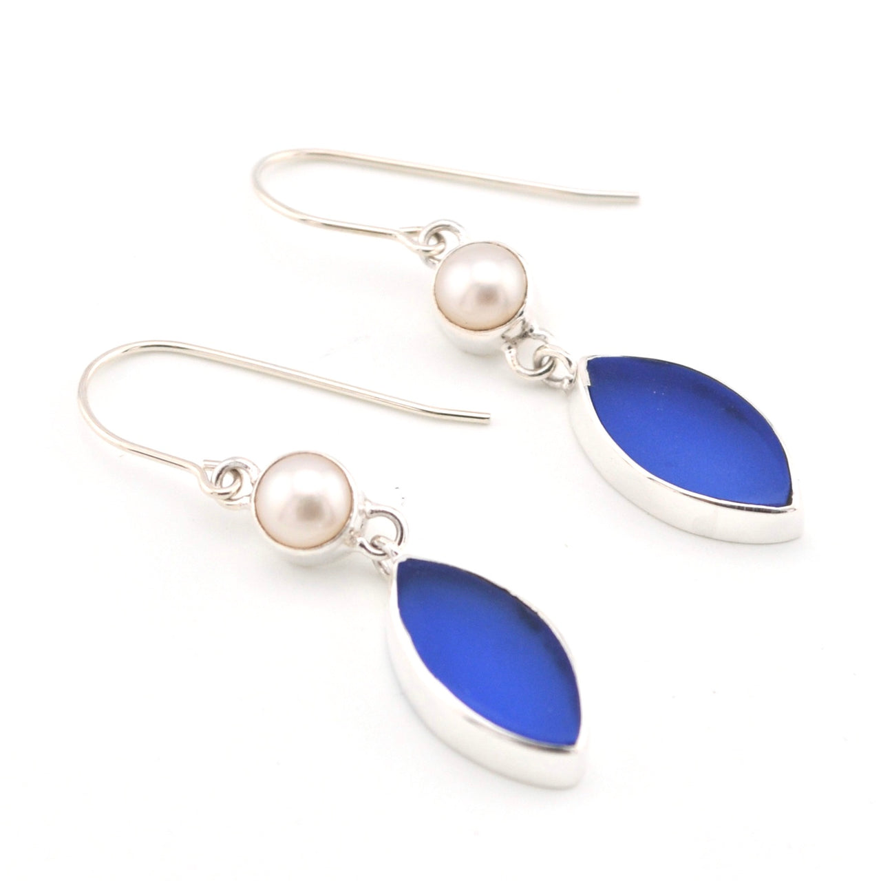 Pearl Cobalt Sea Glass Marquise Earrings