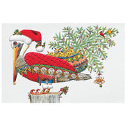 Colorful Christmas-themed artwork of a pelican with a Santa hat and decorated tree.
