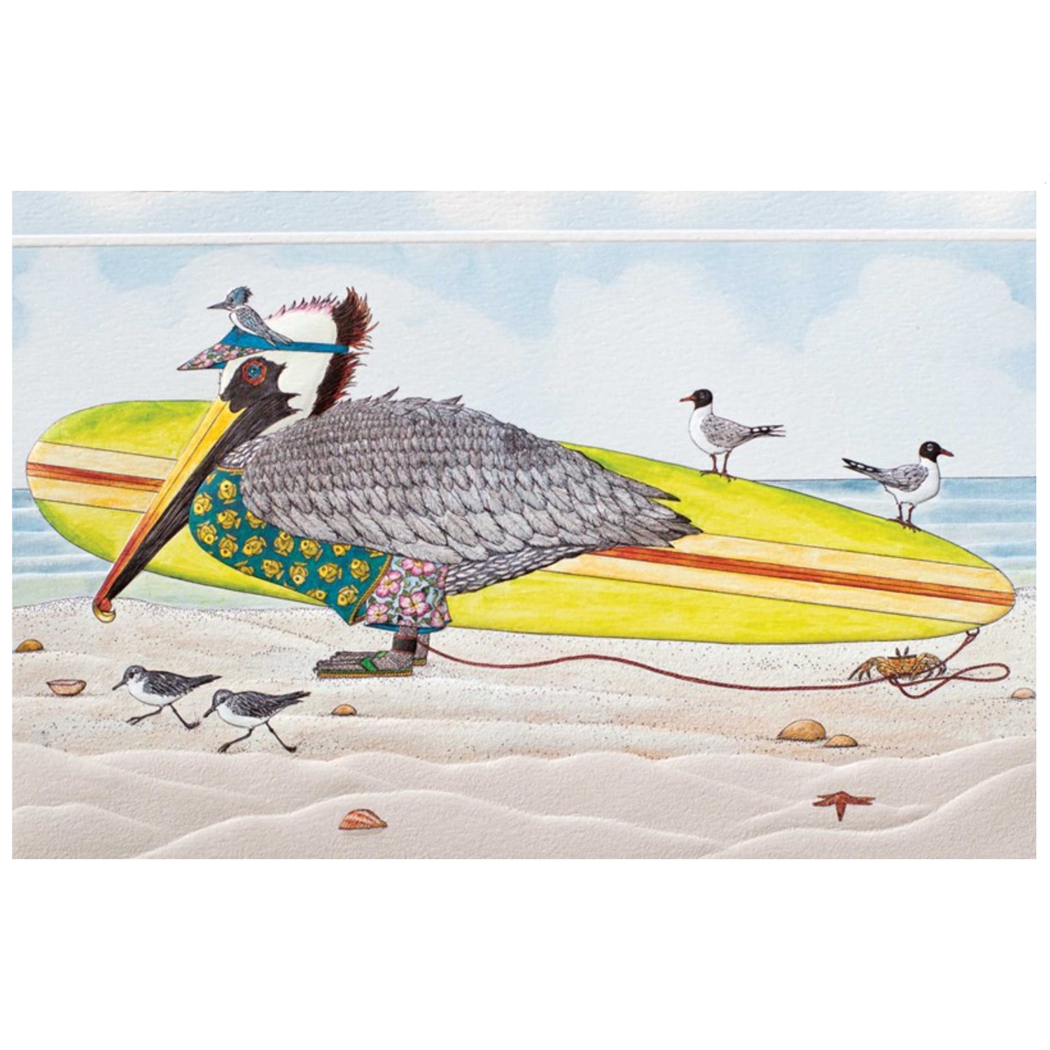Pelican Surfer Birthday Card on white backround