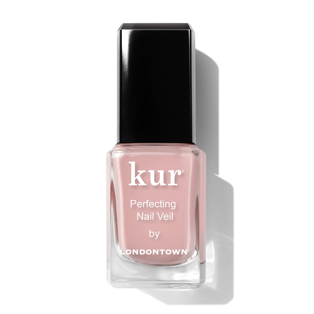 Pink nail polish bottle with black cap on a white background
