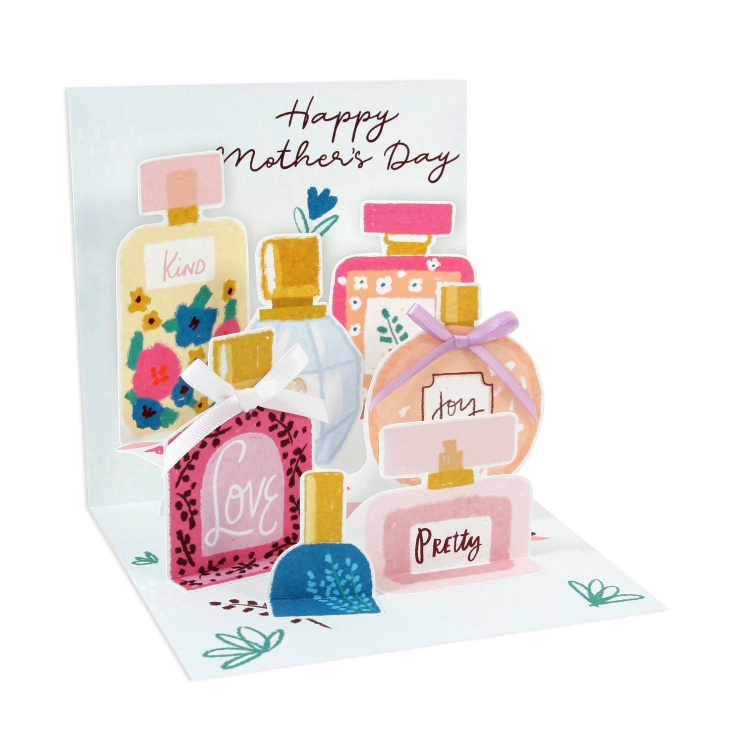 Mother's Day card with colorful perfume bottle illustrations on a white background