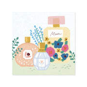 Illustration of three perfume bottles with floral designs and 'Mom' text on a white background