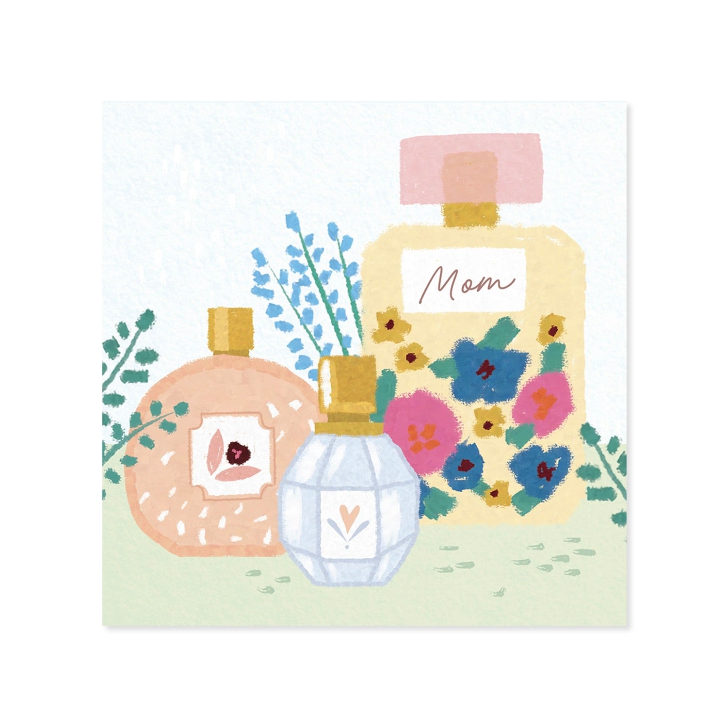 Illustration of three perfume bottles with floral designs and 'Mom' text on a white background