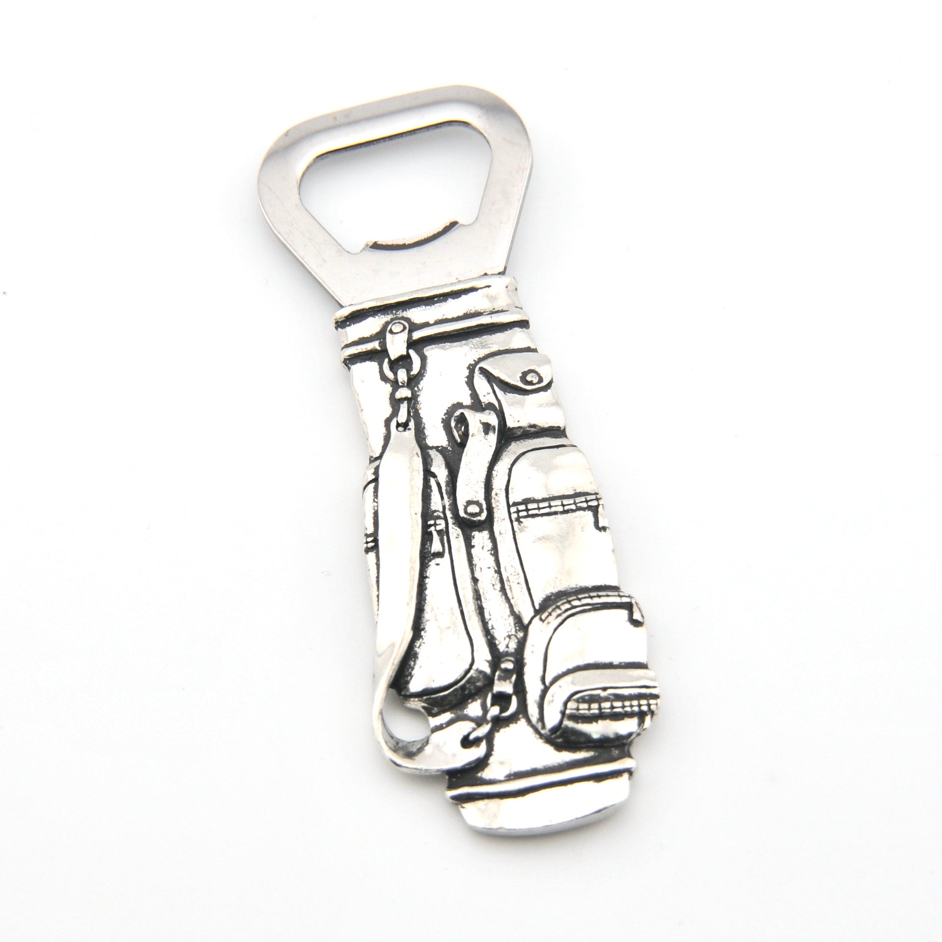 Bottle opener with golf bag design on a white background