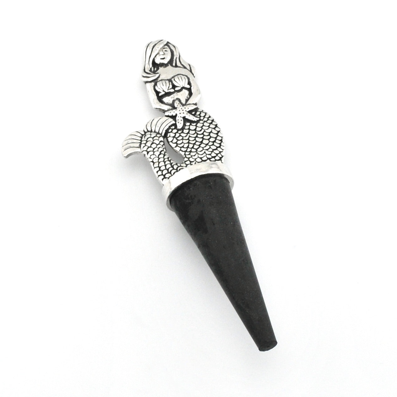 A black and silver mermaid-themed cone-shaped accessory, likely a bottle stopper, featuring a detailed silver mermaid and starfish design on a black conical base, set against a plain white background.