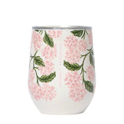 Stemless wine glass with floral design on a white background