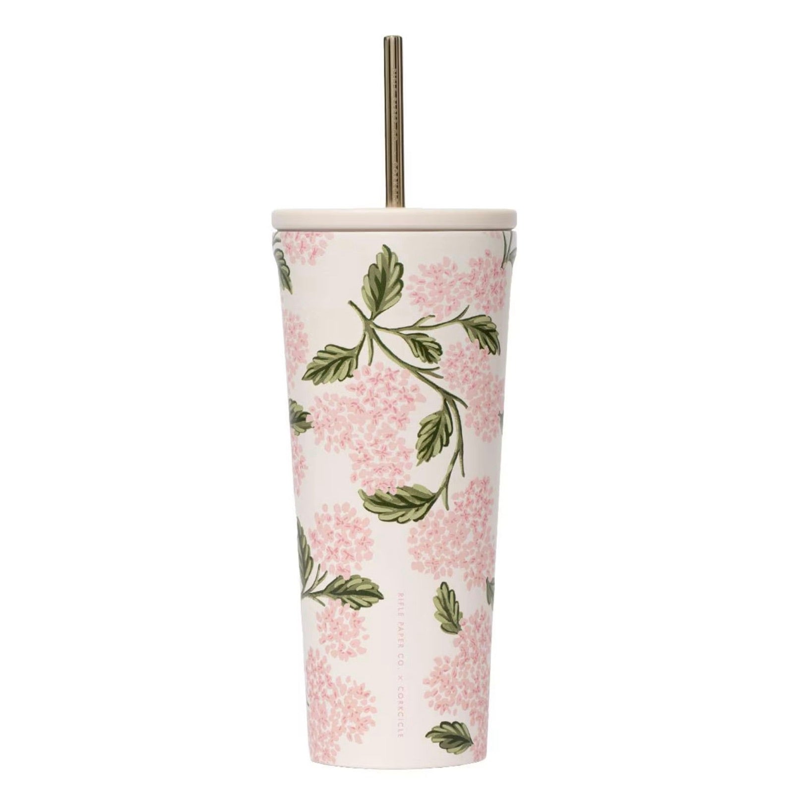 Tumbler with floral design and straw on a white background