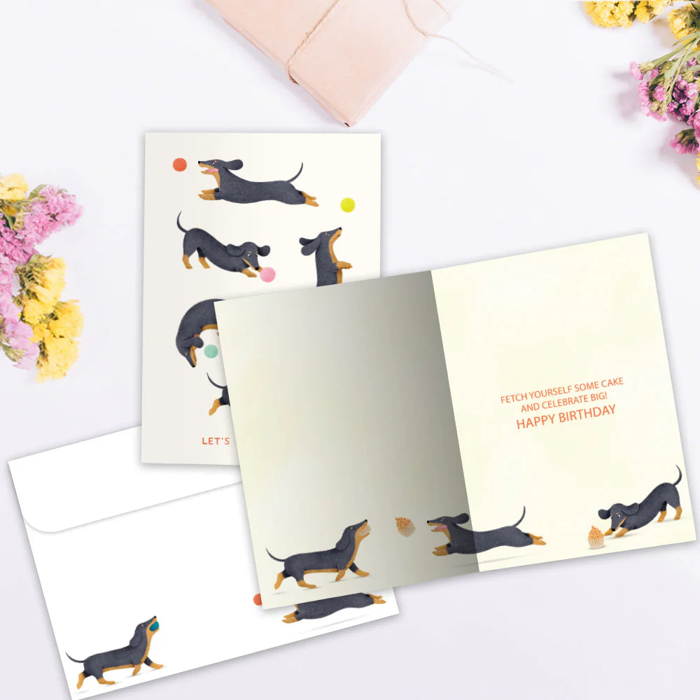 Playful Dachshunds Birthday Card opened with matching envelope