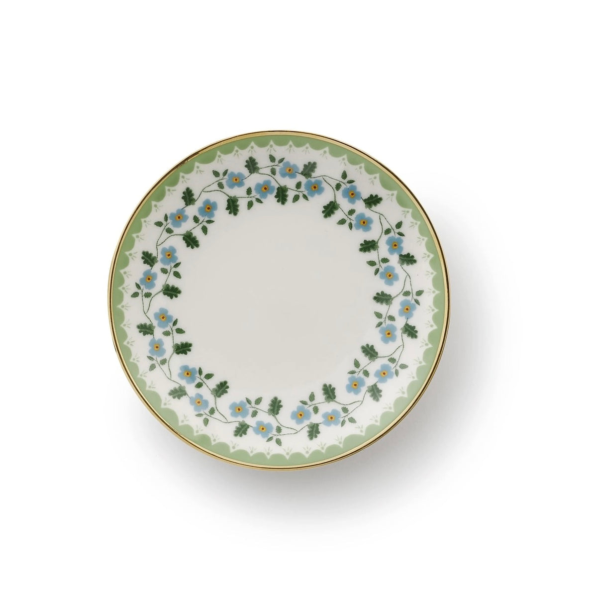 A round white porcelain plate with a delicate floral border design featuring light blue flowers, green leaves, and a scalloped green edge with a thin gold rim, shown from a top-down perspective on a white background.