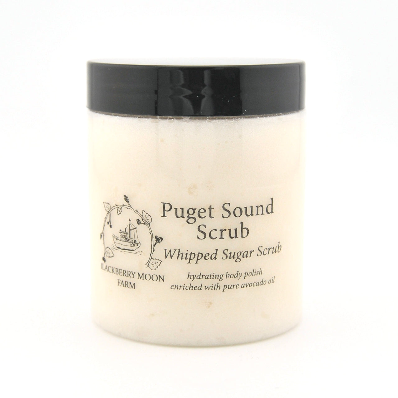 Jar of Puget Sound Scrub whipped sugar scrub with black lid on a white background