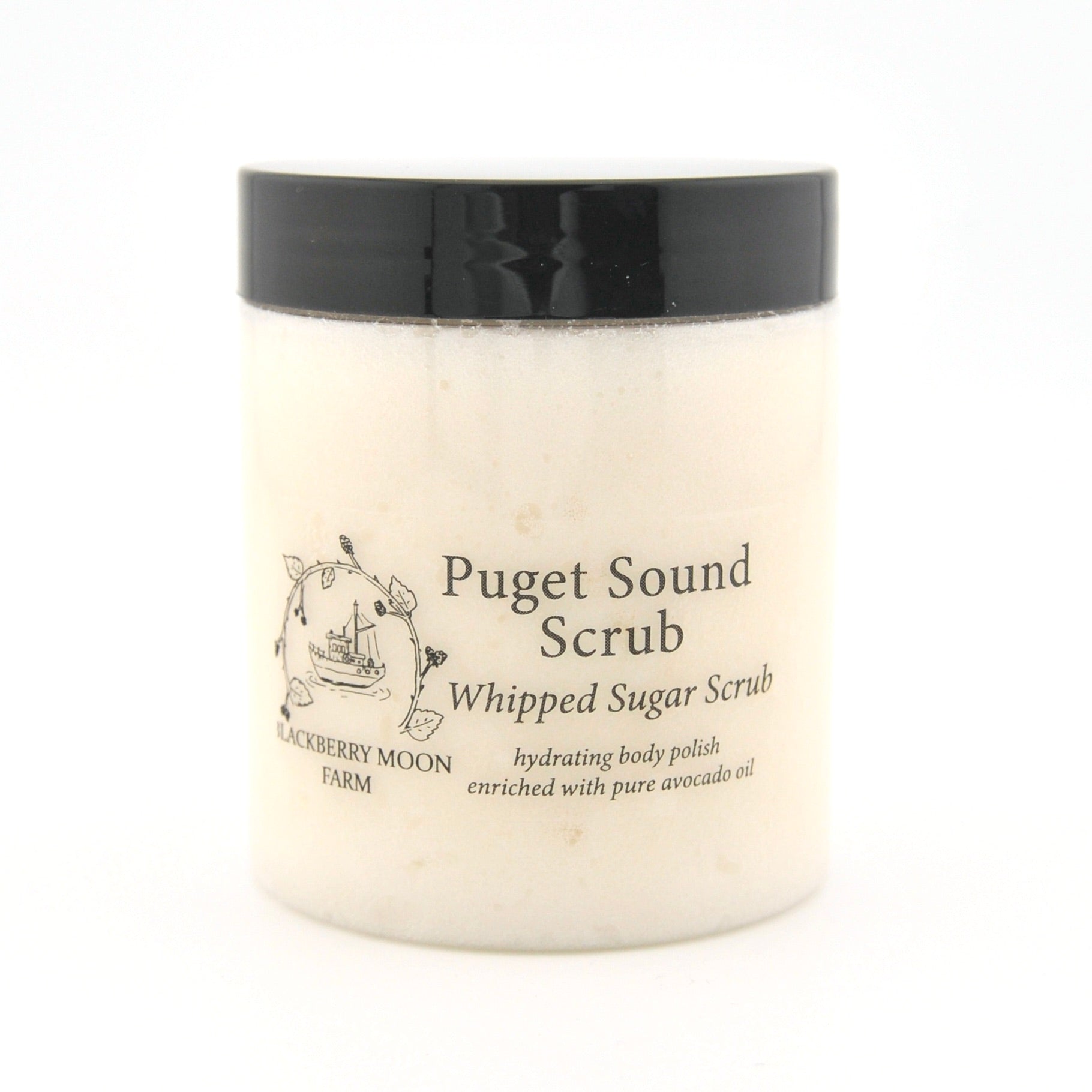 Jar of Puget Sound Scrub whipped sugar scrub with black lid on a white background