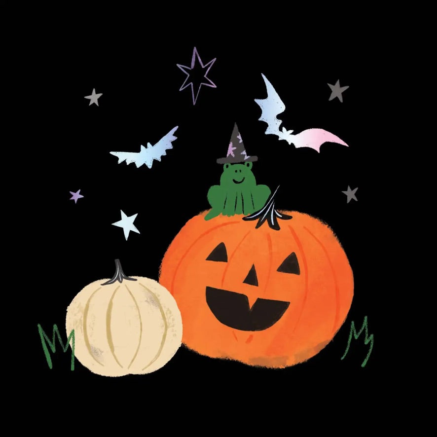Halloween illustration featuring a large orange jack-o'-lantern with a smiling face, a small green frog wearing a witch hat on top, a smaller cream-colored pumpkin, bats, stars, and grass on a black background.