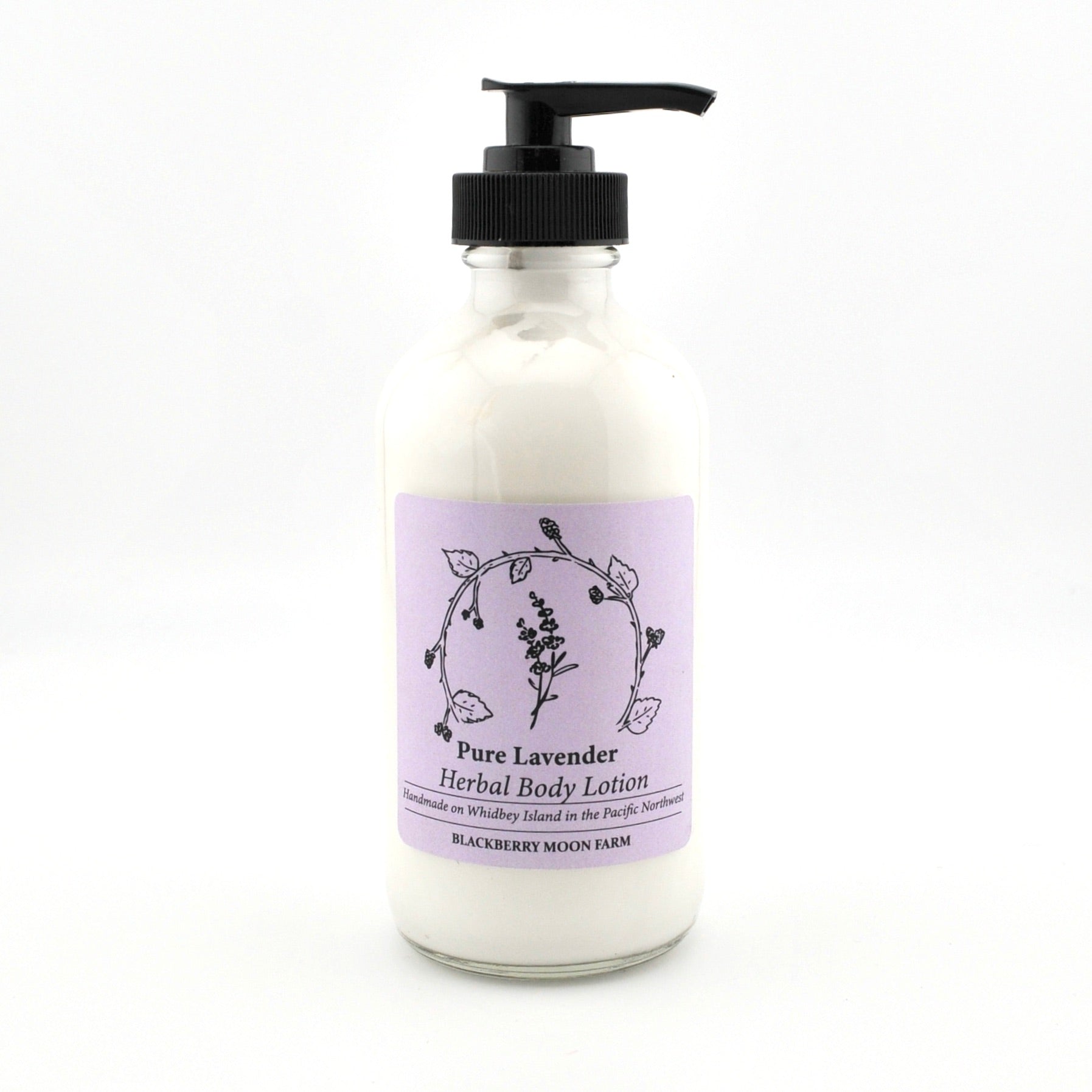 Bottle of Pure Lavender Herbal Body Lotion with a pump on a white background