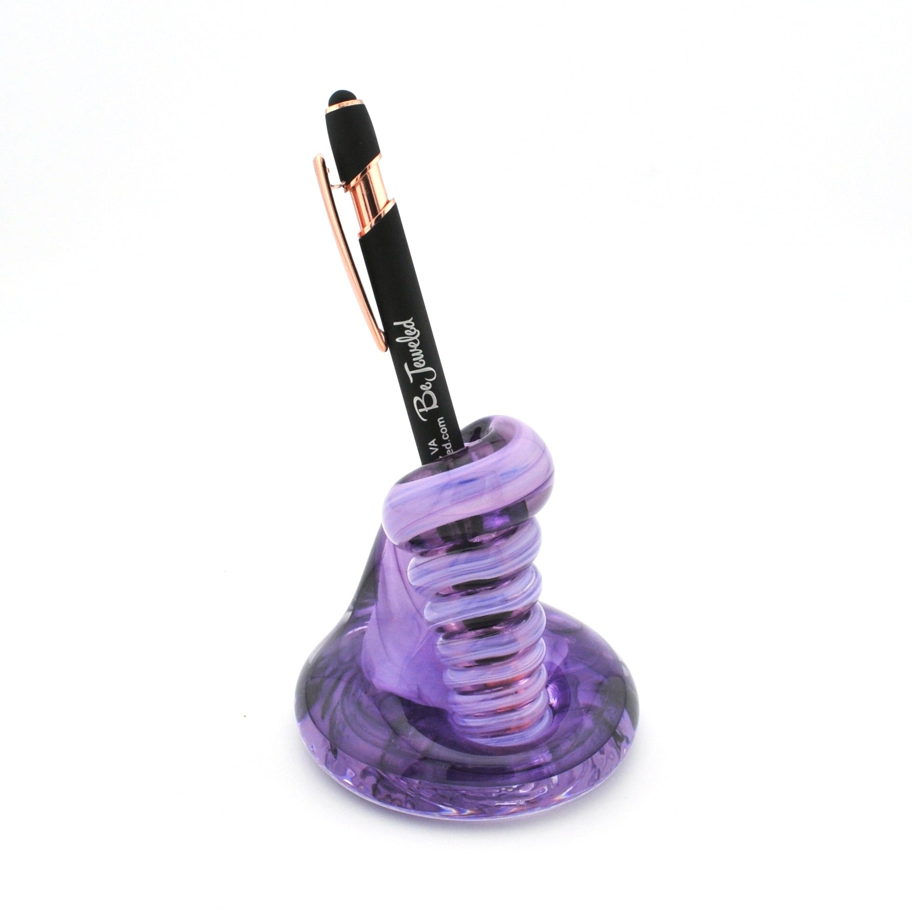 Purple pen holder with a pen on a white background