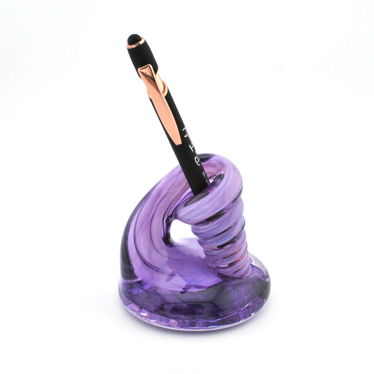 Purple pen holder with a pen on a white background