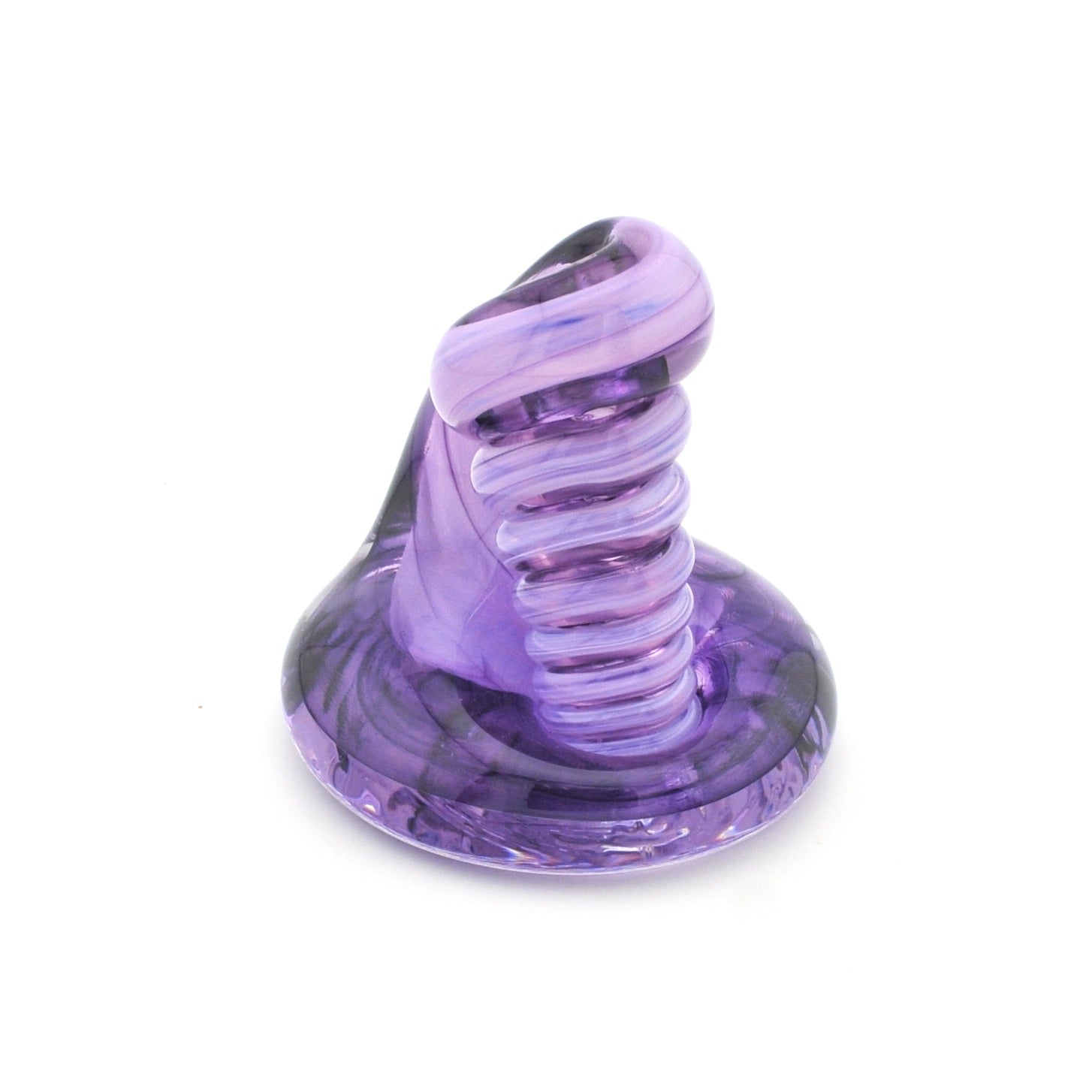 Purple plastic object with a spiral design on a white background