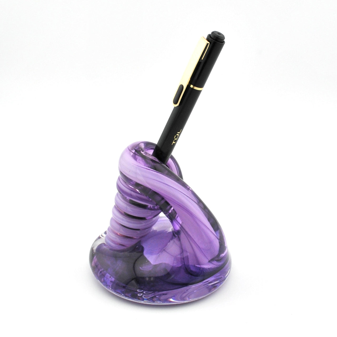 Purple spiral pen holder with a black pen on a white background