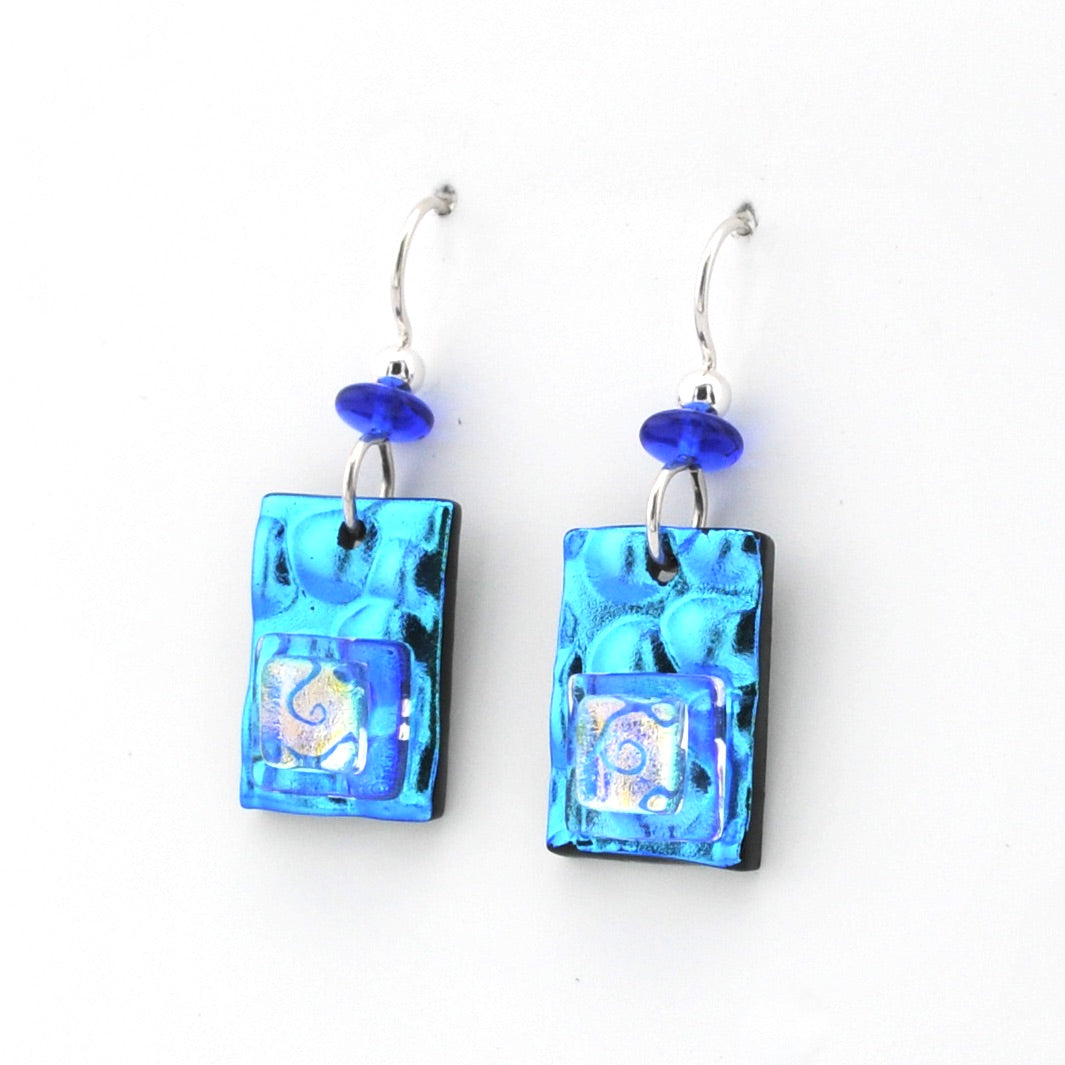 Radium Blue Fused Glass Rectangle Earrings Side View 