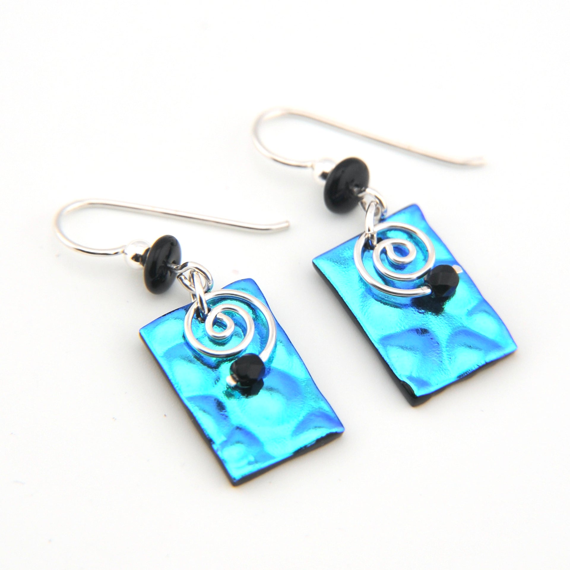 Radium Blue Fused Glass Rectangle Spiral Earrings