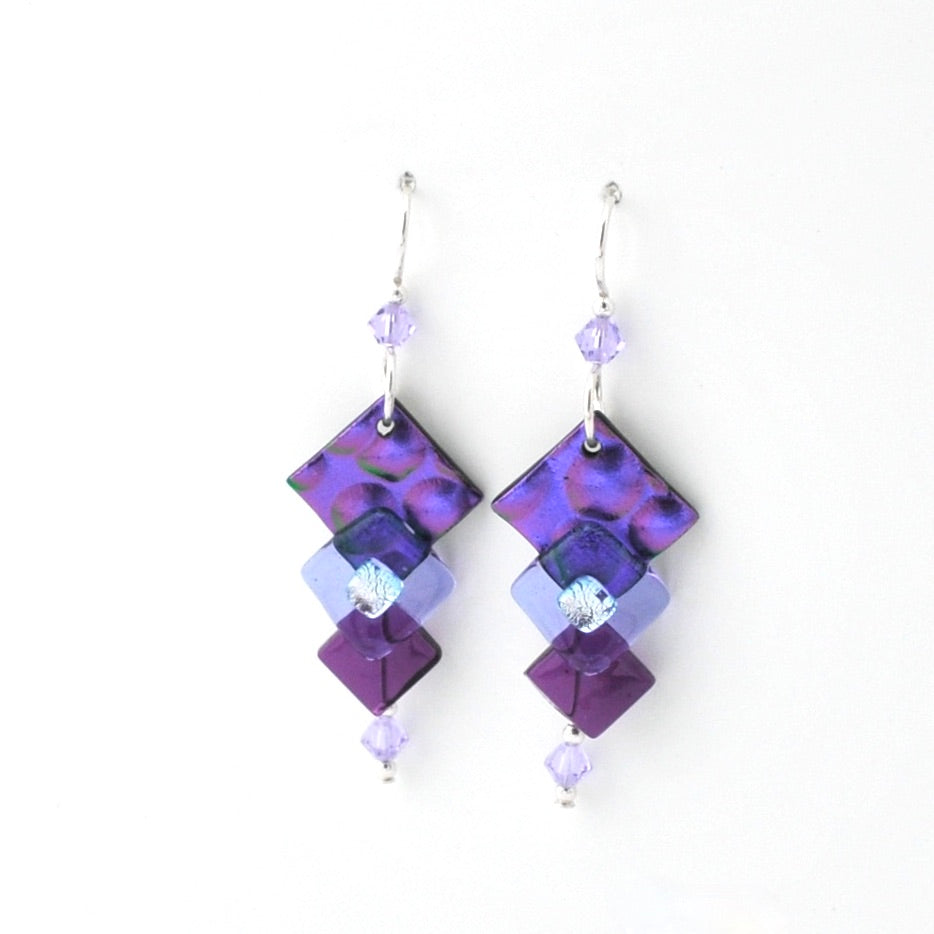 Purple square-shaped earrings with clear beads on a white background