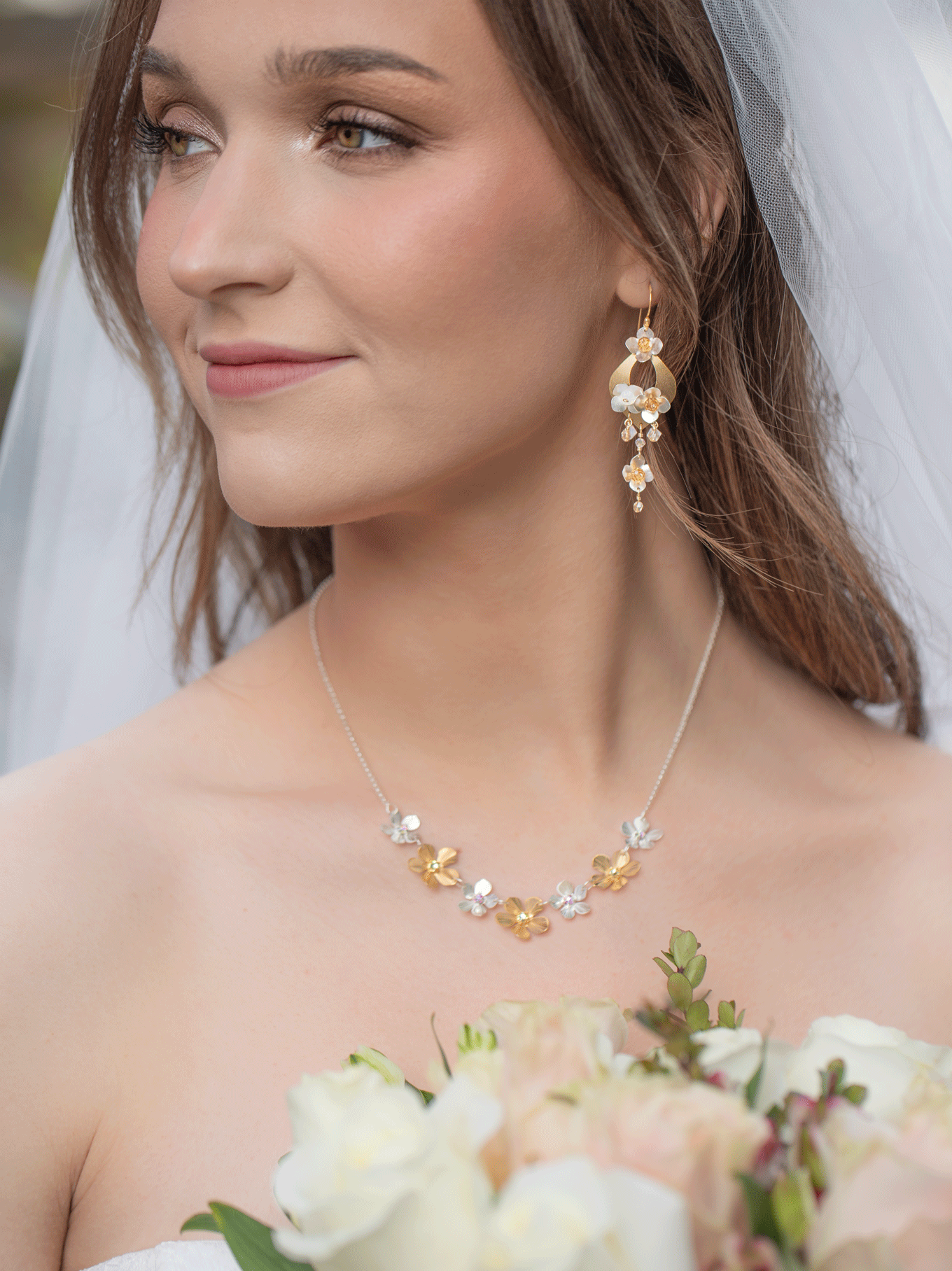 Model View Silver and Gold Plumeria Necklace