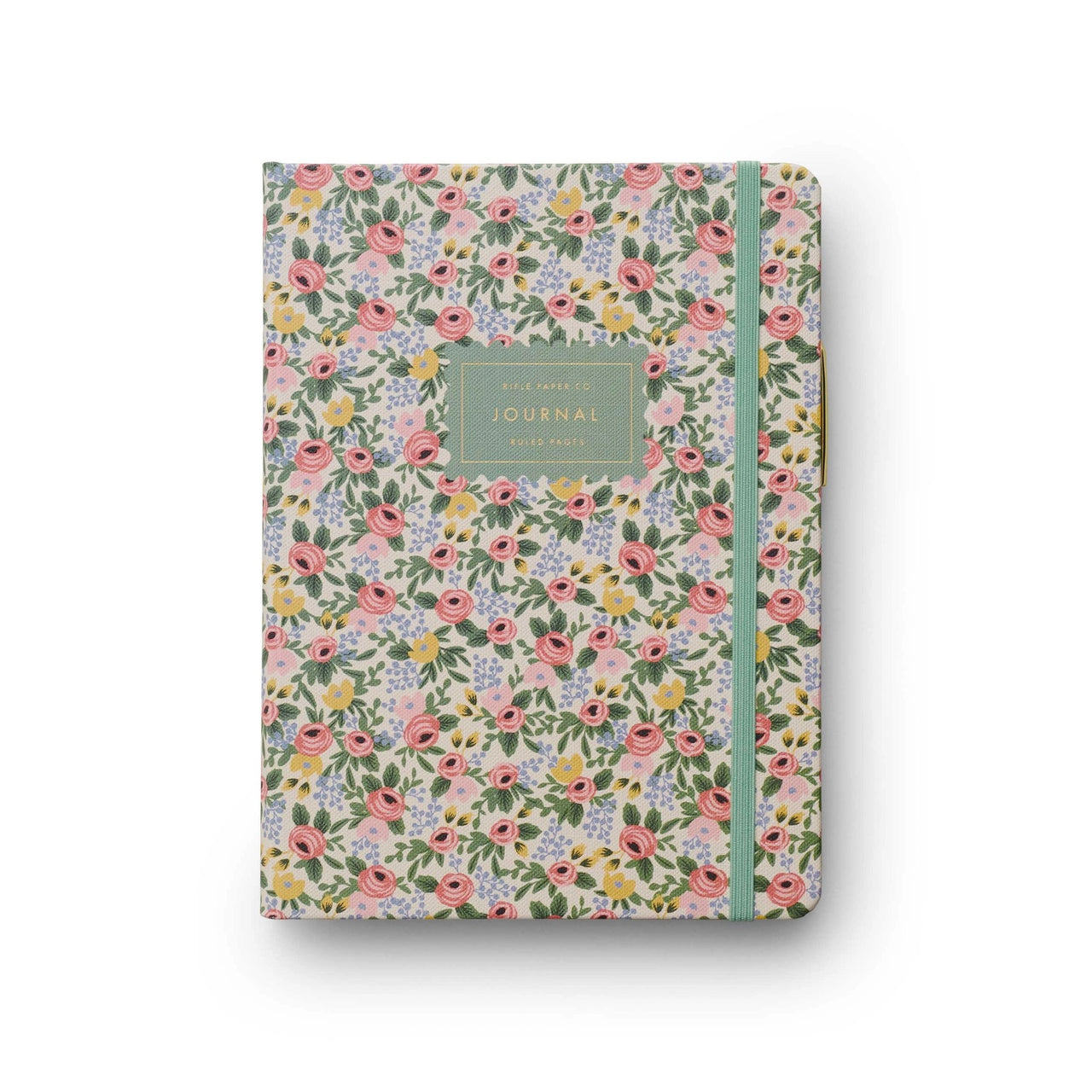 Floral patterned journal with a green ribbon on a white background