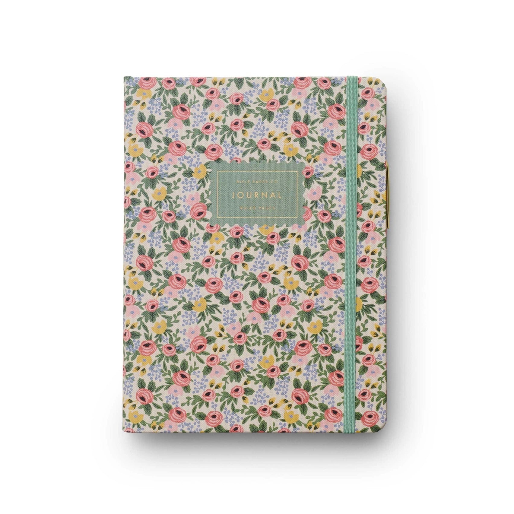 Floral patterned journal with a green ribbon on a white background