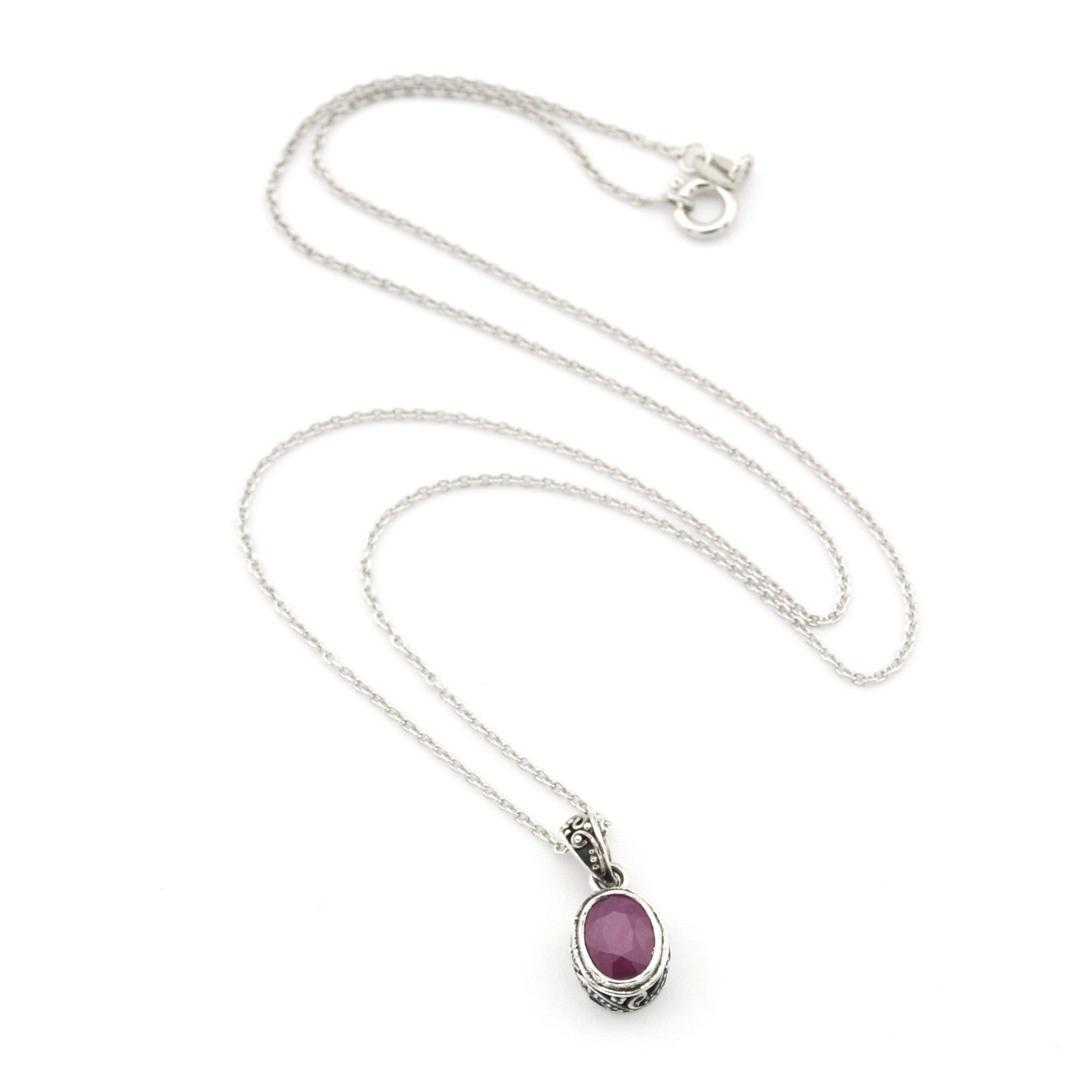 Silver Ruby 6x8mm Oval Bali Necklace