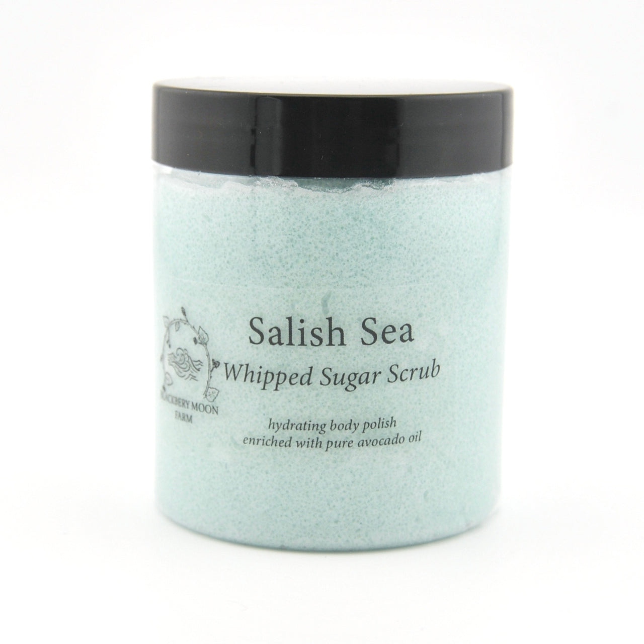 Salish Sea whipped sugar scrub jar with black lid on a white background