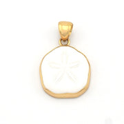 Gold pendant with a white stone on a white background