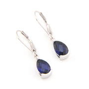 Pair of silver earrings with blue gemstones on a white background