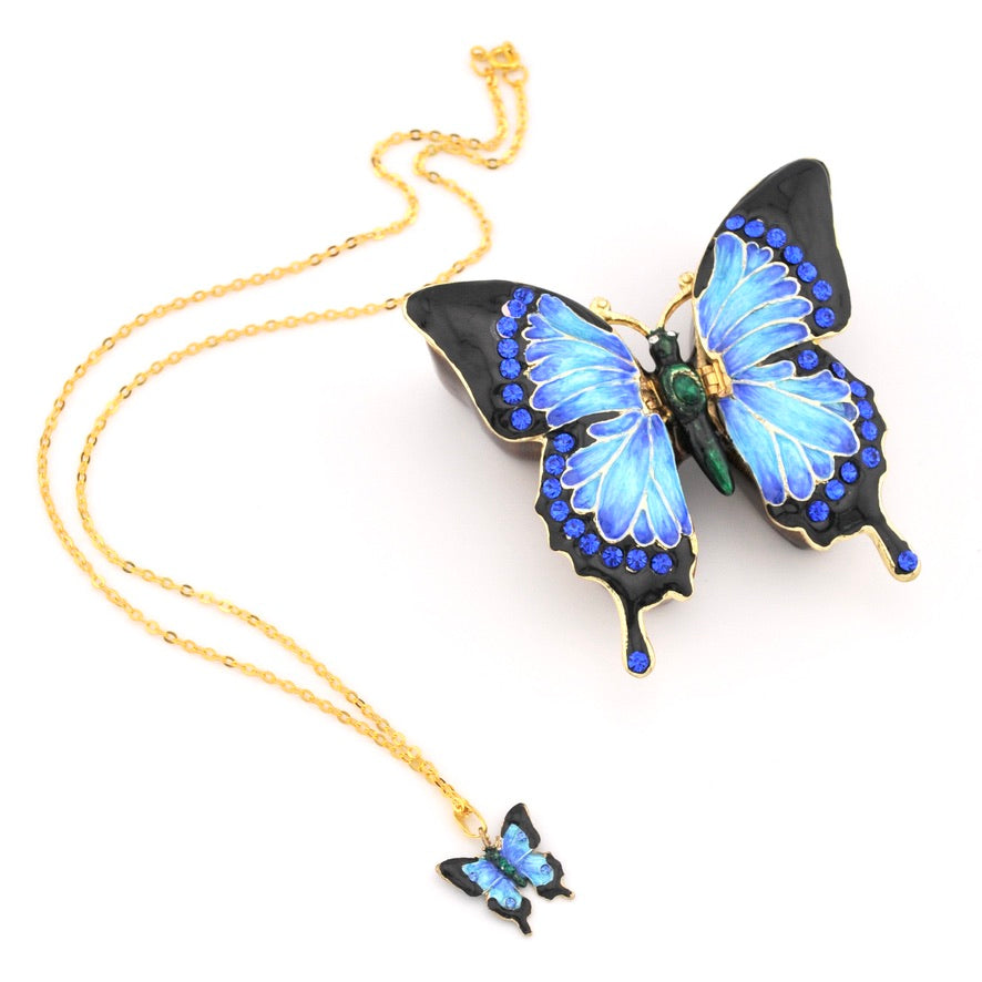 Sapphire Butterfly Enamel Box with Necklace