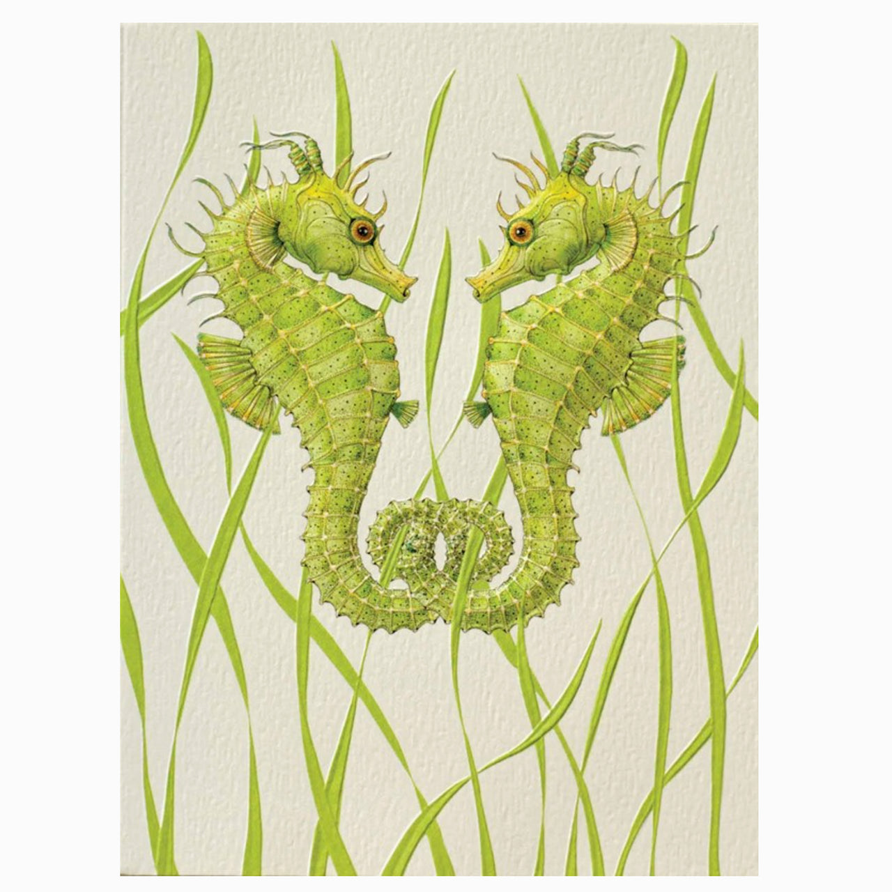 Two green seahorses intertwined among grass-like plants on a beige background