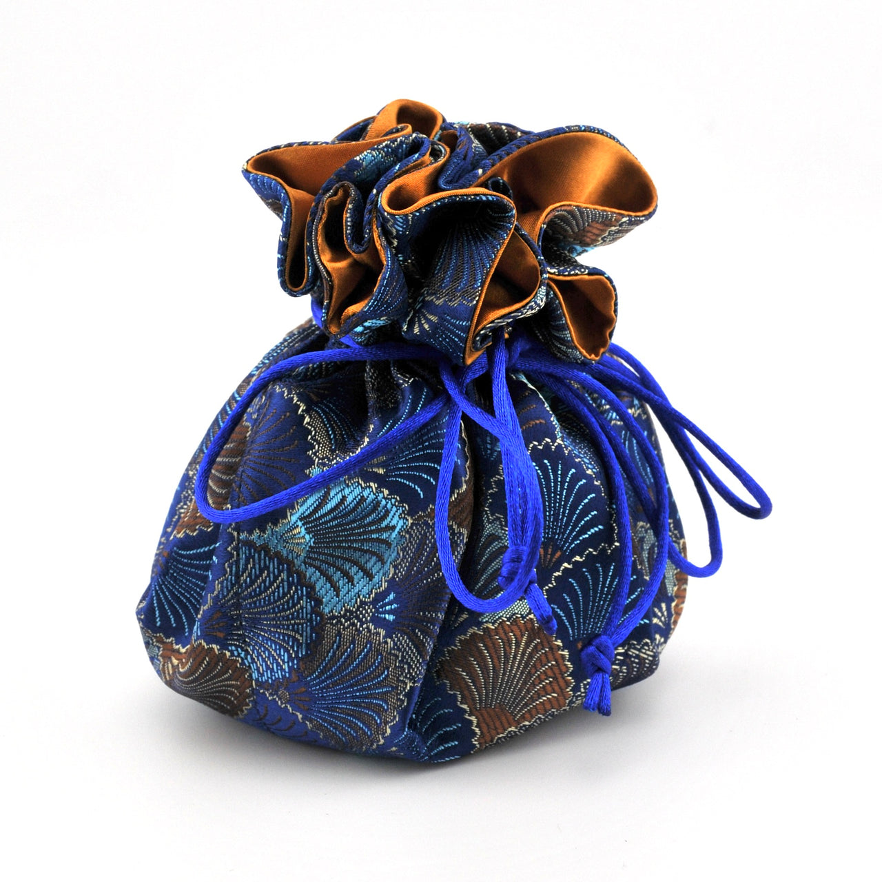 Decorative drawstring bag with blue and brown patterns on a white background