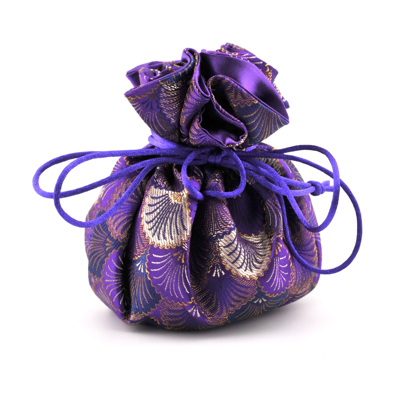 Purple drawstring bag with floral patterns on a white background