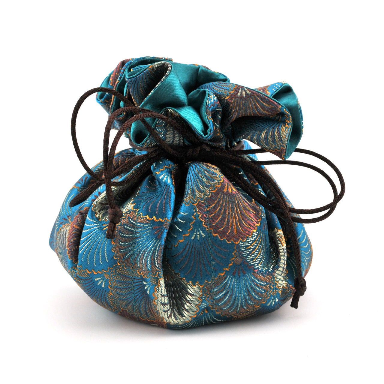 Blue and gold patterned fabric drawstring bag on a white background