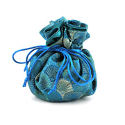 Blue fabric drawstring bag with floral patterns on a white background