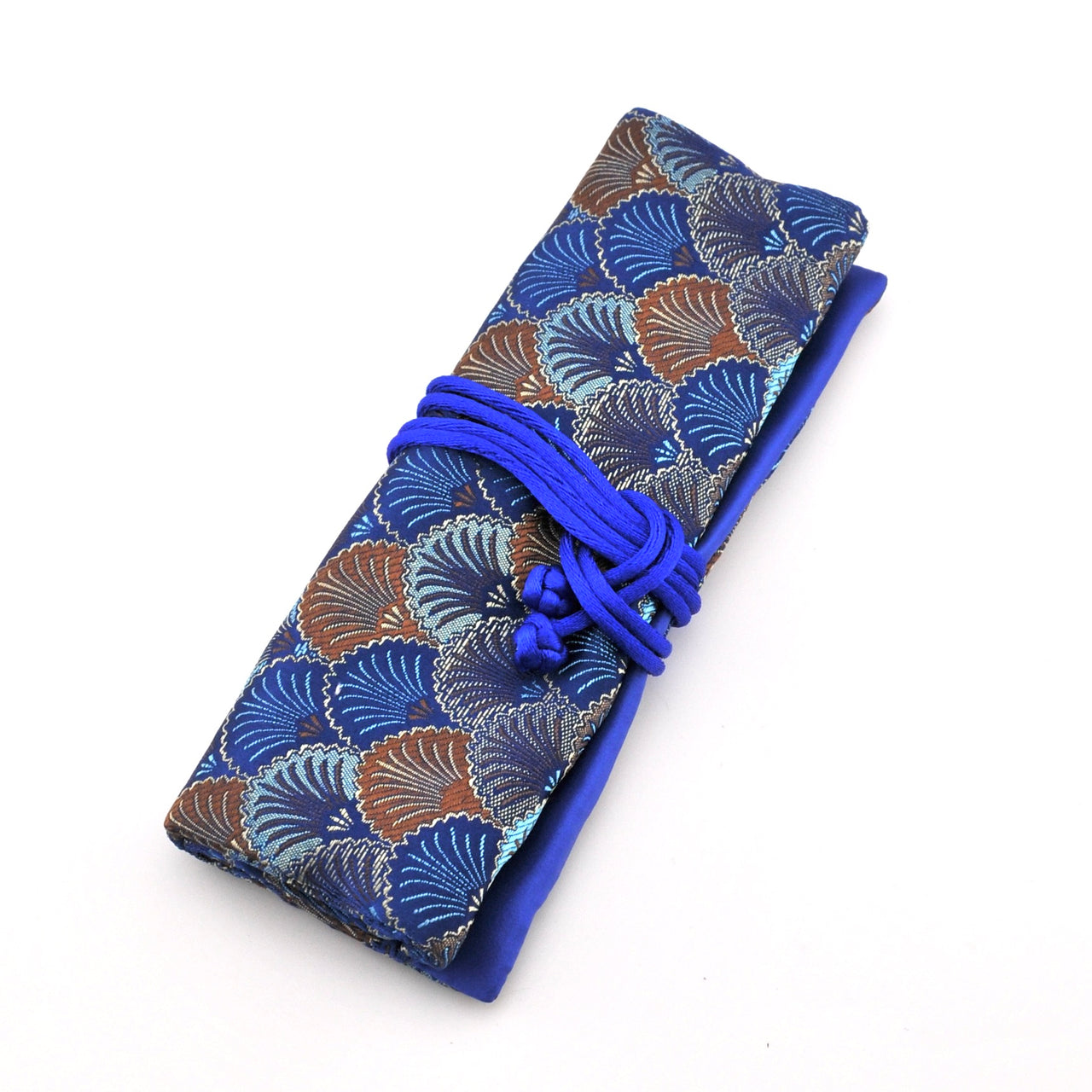 Blue patterned pouch with a rope tie on a white background