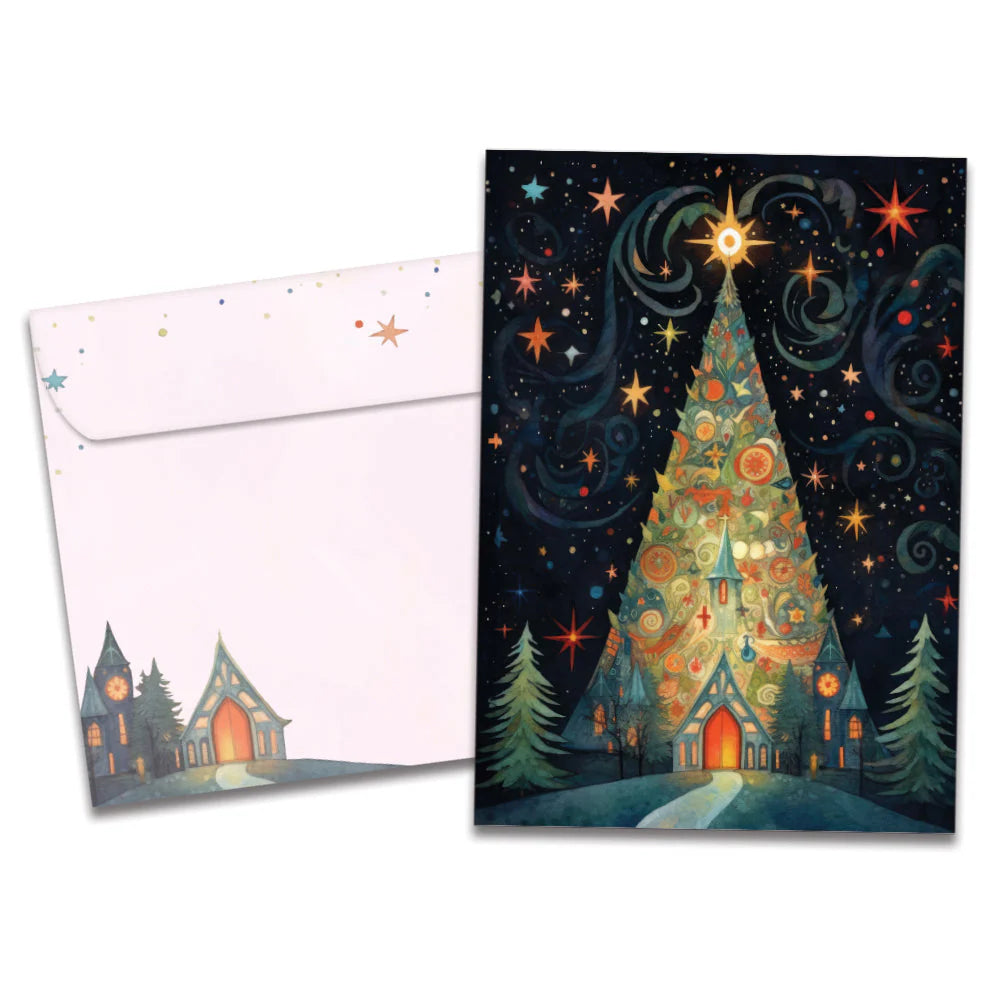 Greeting card with a Christmas tree design and envelope on a white background