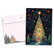 Greeting card with a Christmas tree design and envelope on a white background