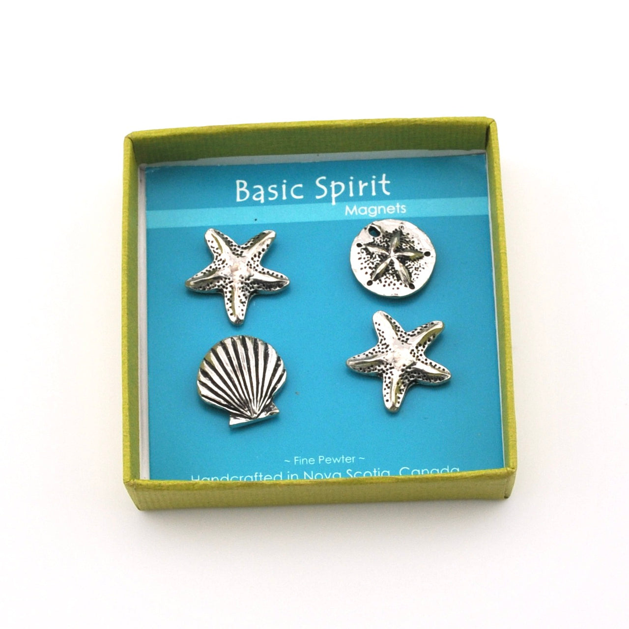 Set of silver starfish, shell, and sand dollar magnets in a 'Basic Spirit' box.