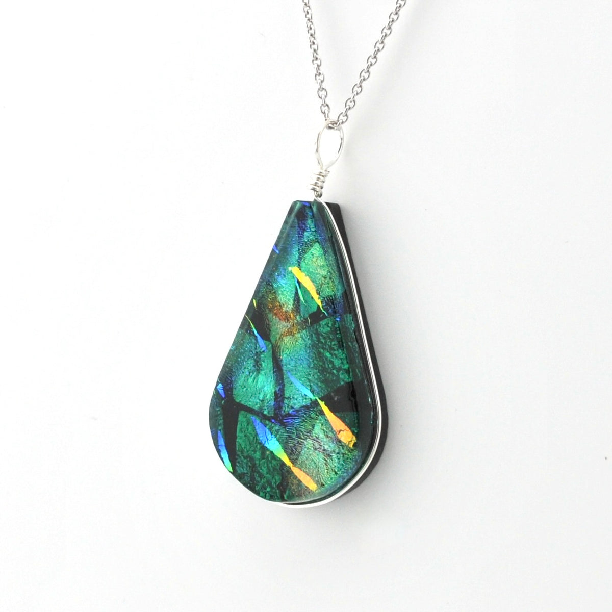 Side Dichroic Glass Rainbow Green Tear Drop Pendant
