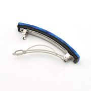 A curved hair claw clip with a blue marbled resin outer shell and a silver metal inner mechanism, displayed on a clean white background.