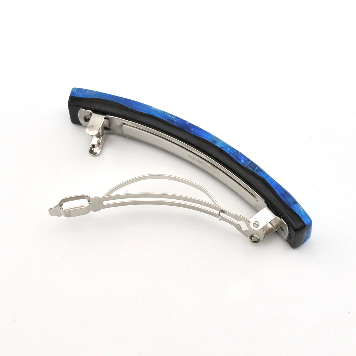 A curved hair claw clip with a blue marbled resin outer shell and a silver metal inner mechanism, displayed on a clean white background.