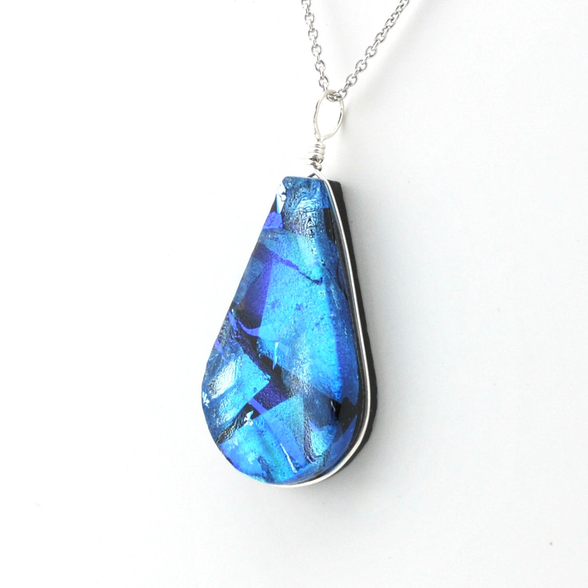 Side Dichroic Glass Sea Blue Tear Pendant