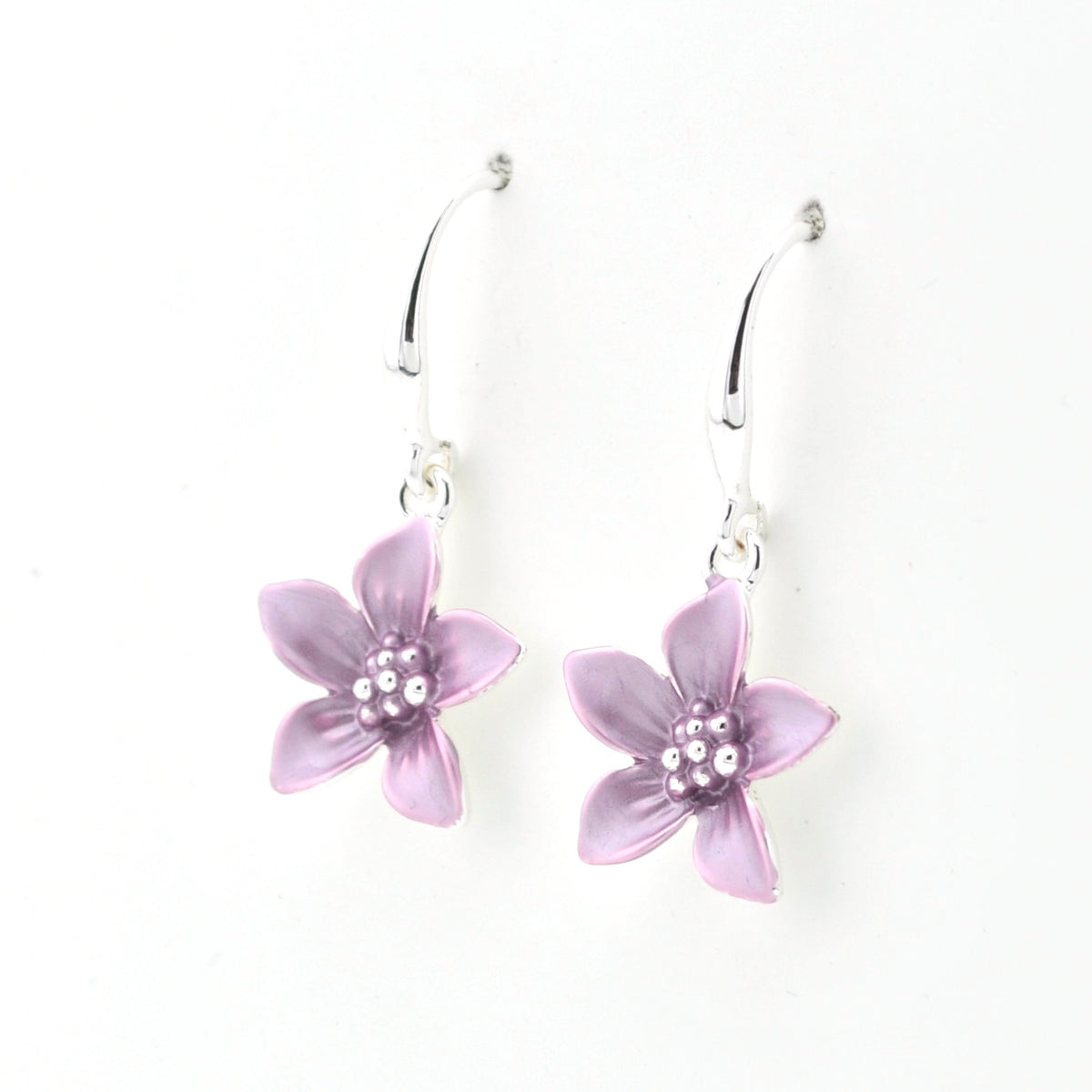 Side Mauve Five Petal Flower Dangle Earrings