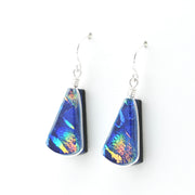 Side Silver Dichroic Glass Blue Rainbow Fan Dangle Earrings